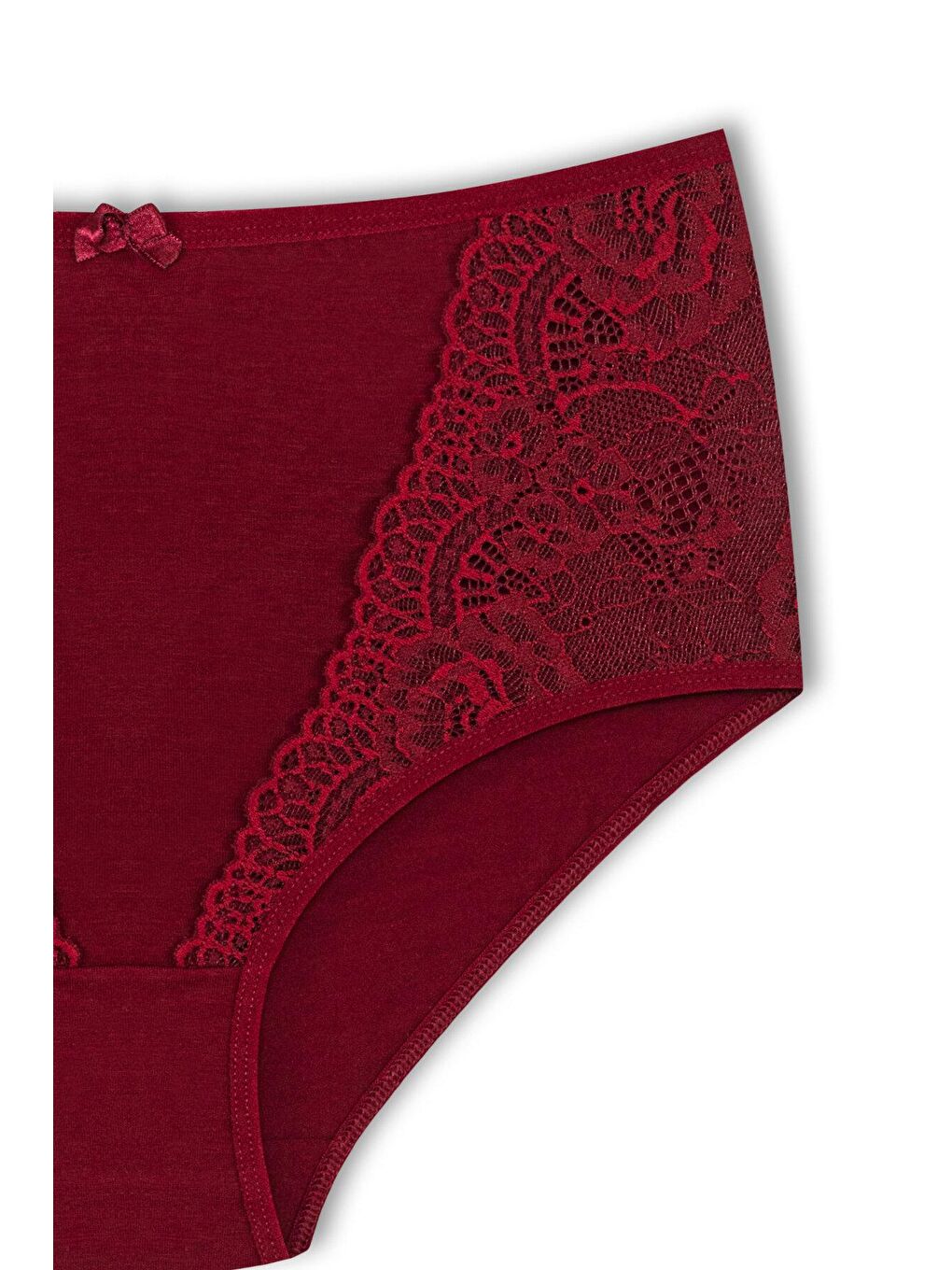 Bordo Pamuklu Önü Dantel Detay Yüksek Bel Büyük Beden Kadın Külot 2'li-3