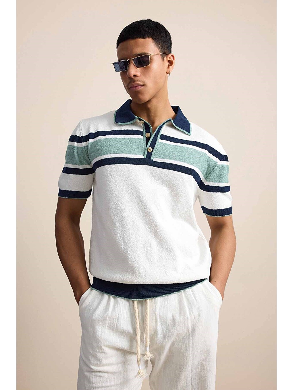 Erkek Regular Fit Çizgili Havlu Triko Polo Yaka Tişört Ekru Lacivert-2