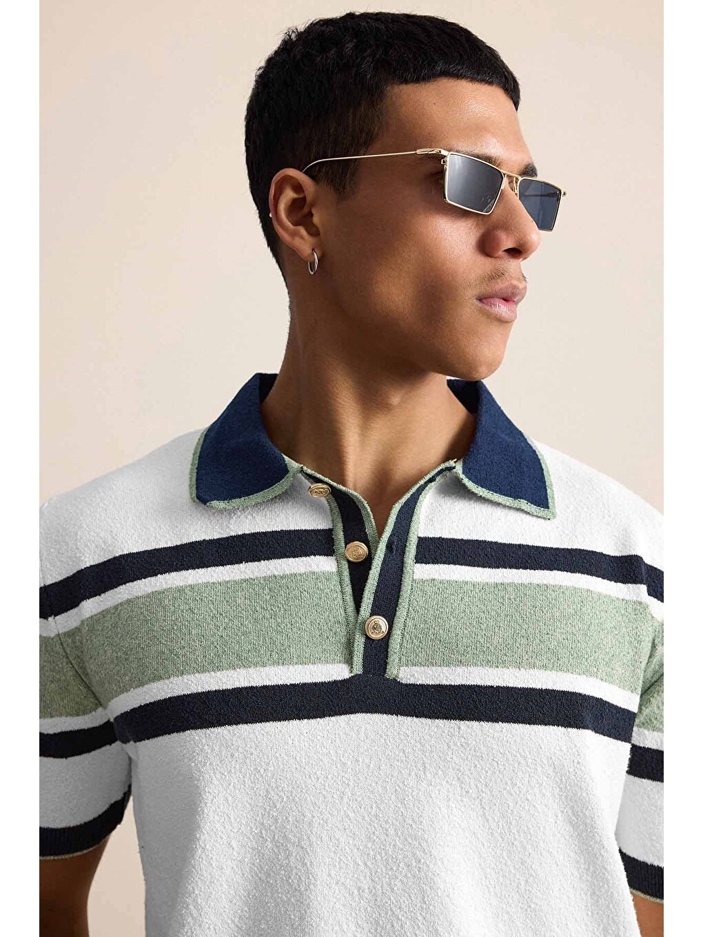 Erkek Regular Fit Çizgili Havlu Triko Polo Yaka Tişört Ekru Lacivert-3