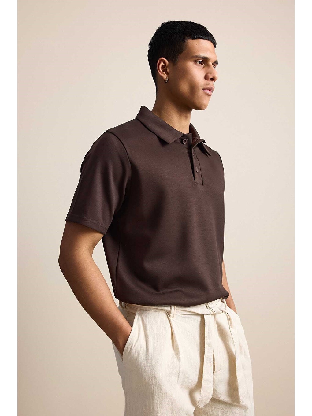 Erkek Relaxed Fit Basic Polo Yaka Tişört Kahverengi-7