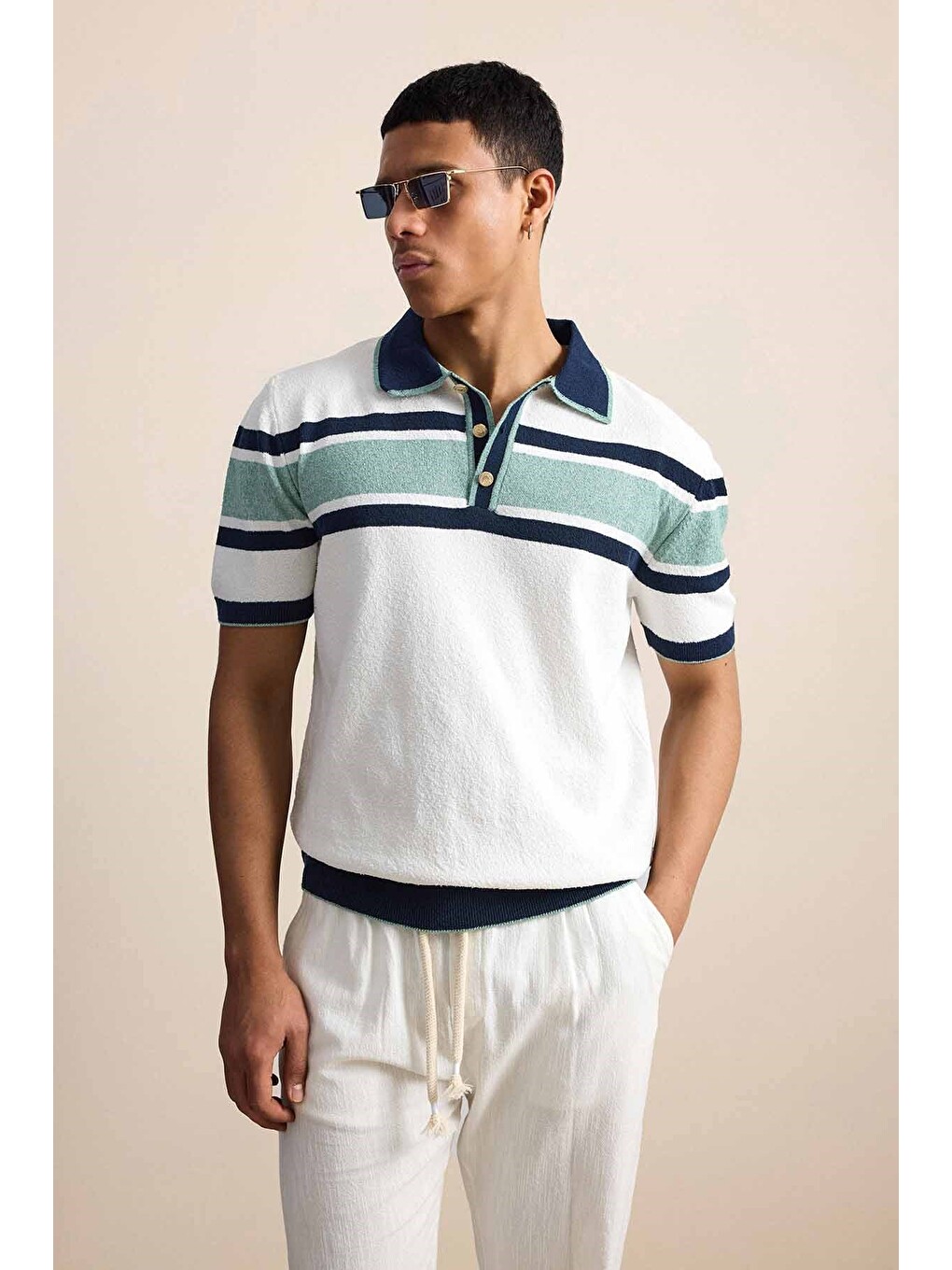 Erkek Regular Fit Çizgili Havlu Triko Polo Yaka Tişört Ekru Lacivert-4
