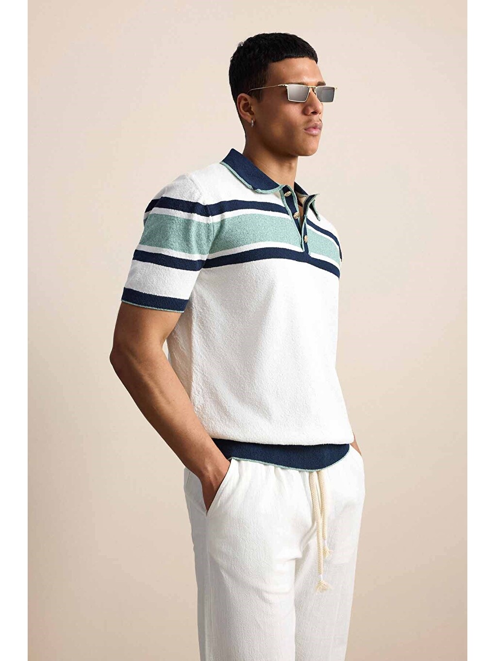 Erkek Regular Fit Çizgili Havlu Triko Polo Yaka Tişört Ekru Lacivert-5