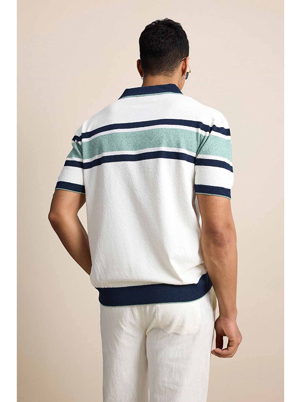 Erkek Regular Fit Çizgili Havlu Triko Polo Yaka Tişört Ekru Lacivert-6