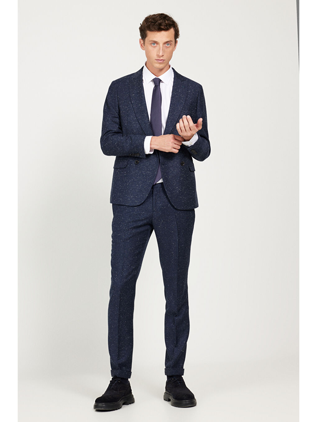 Erkek Lacivert Slim Fit Dar Kesim Kırlangıç Yaka Tweet Desenli Yünlü Takım Elbise-1