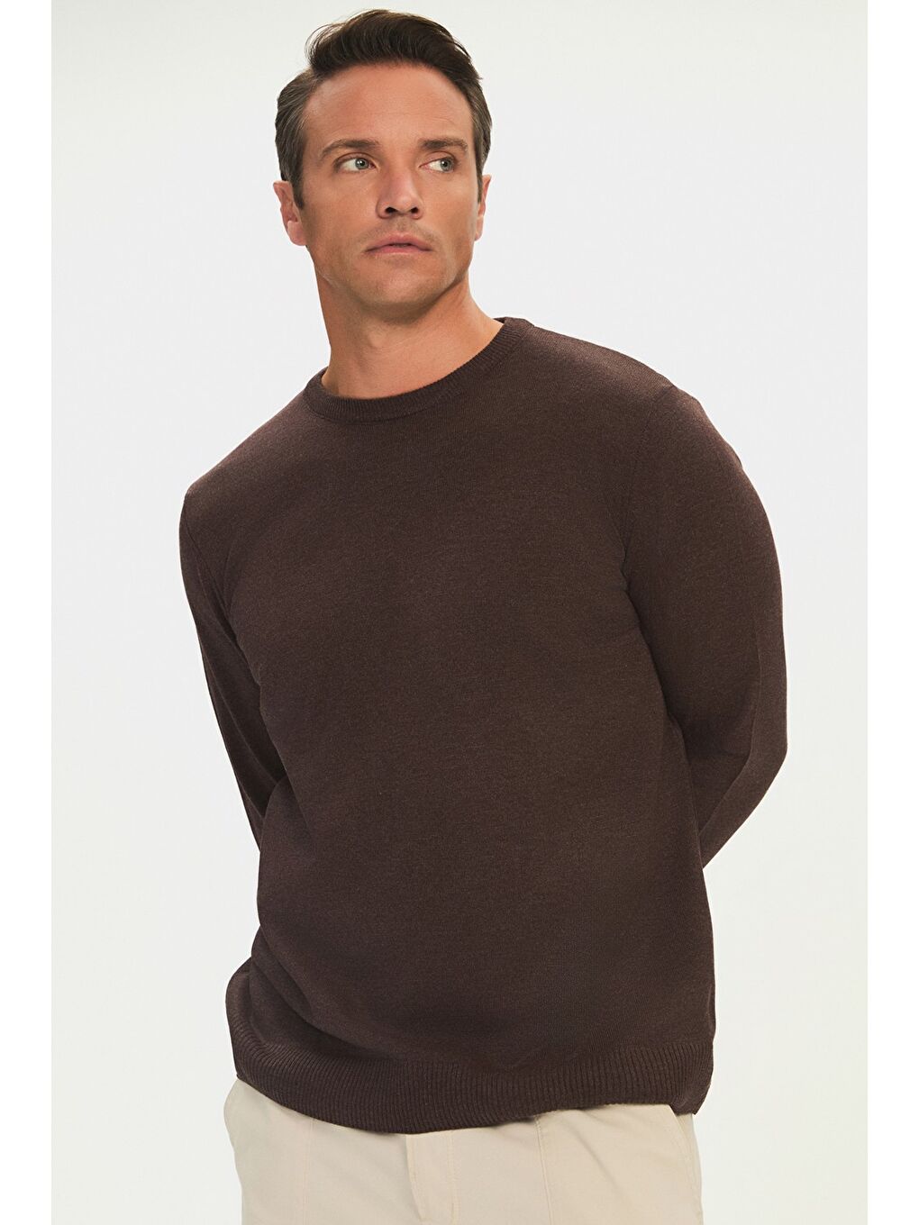 Kahverengi Erkek Regular Fit Bisiklet Yaka Triko Kazak