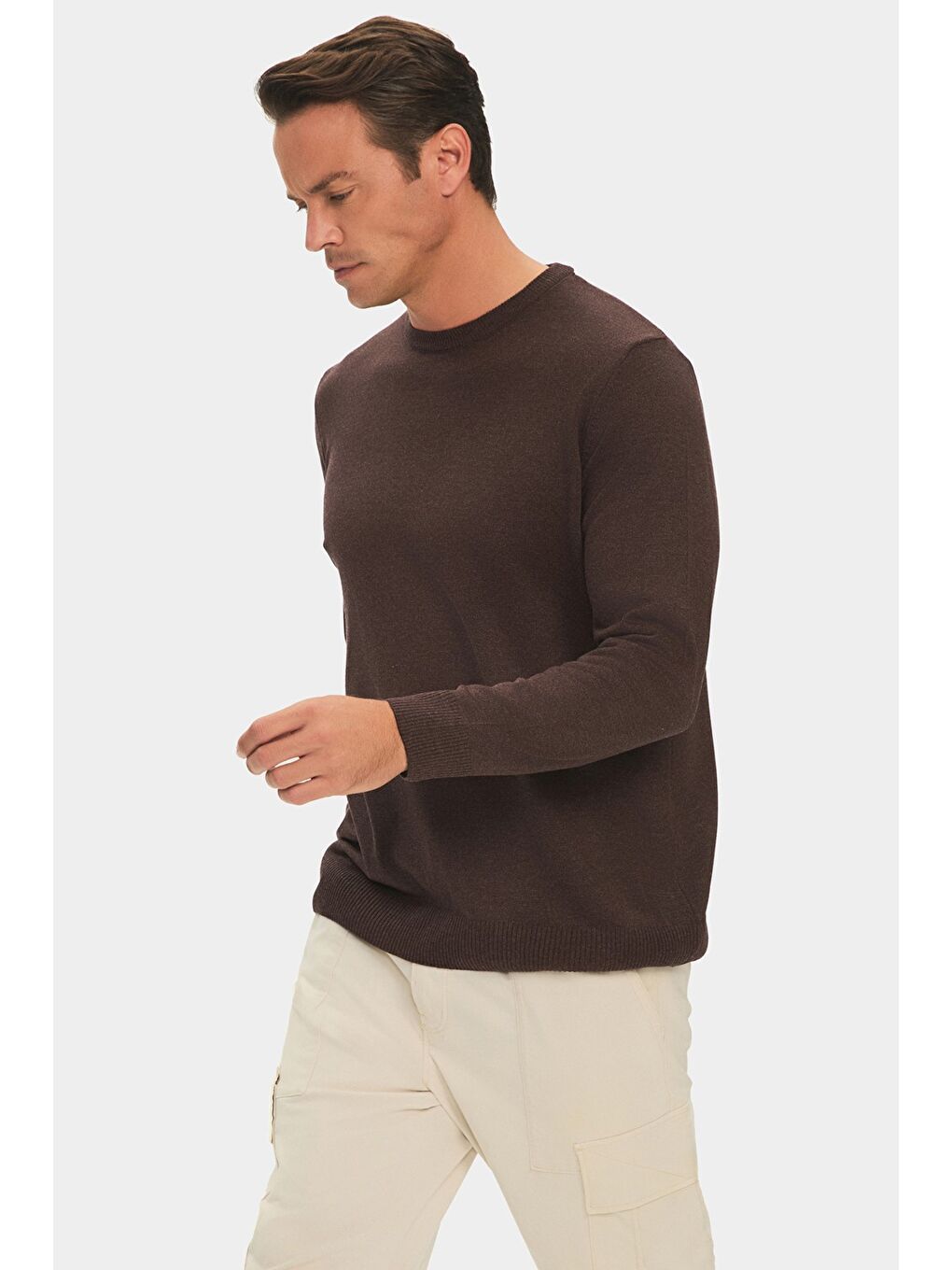 Kahverengi Erkek Regular Fit Bisiklet Yaka Triko Kazak-3