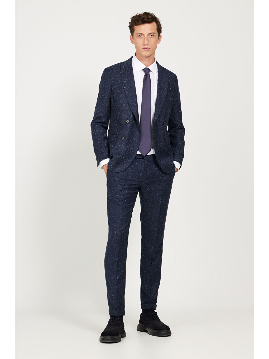 Erkek Lacivert Slim Fit Dar Kesim Kırlangıç Yaka Tweet Desenli Yünlü Takım Elbise-3