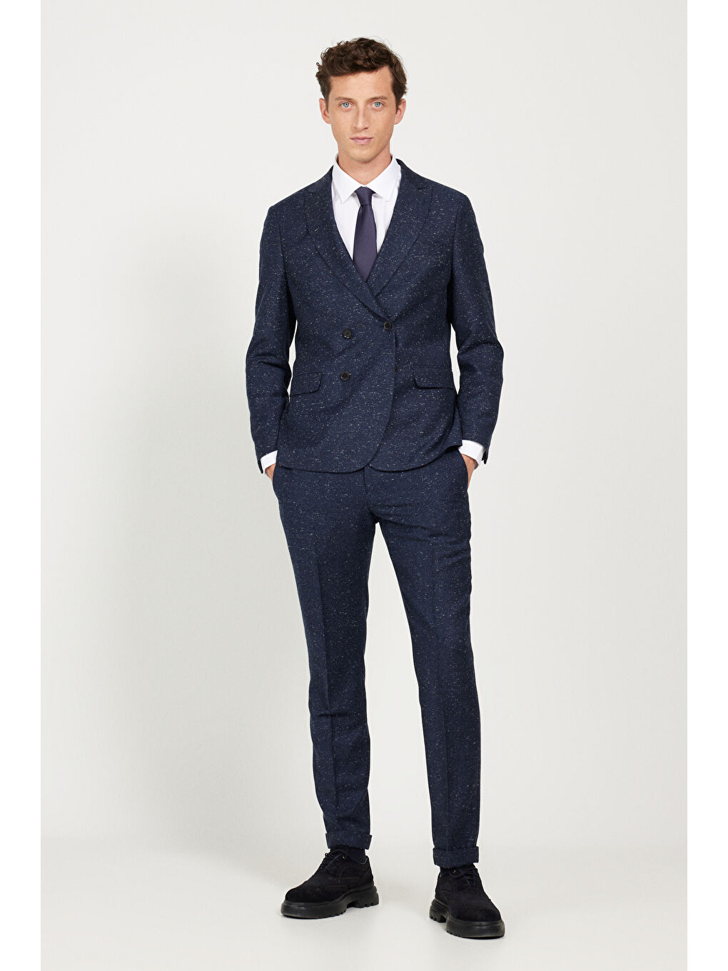 Erkek Lacivert Slim Fit Dar Kesim Kırlangıç Yaka Tweet Desenli Yünlü Takım Elbise-4