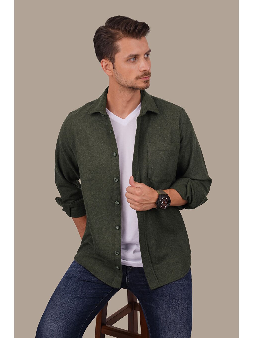 Etikmen Haki Düz Oversize (Geniş Kalıp) Kalın Oduncu Erkek Gömlek - 4