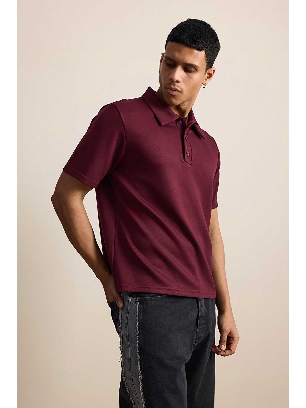 Erkek Relaxed Fit Basic Polo Yaka Tişört Bordo-4
