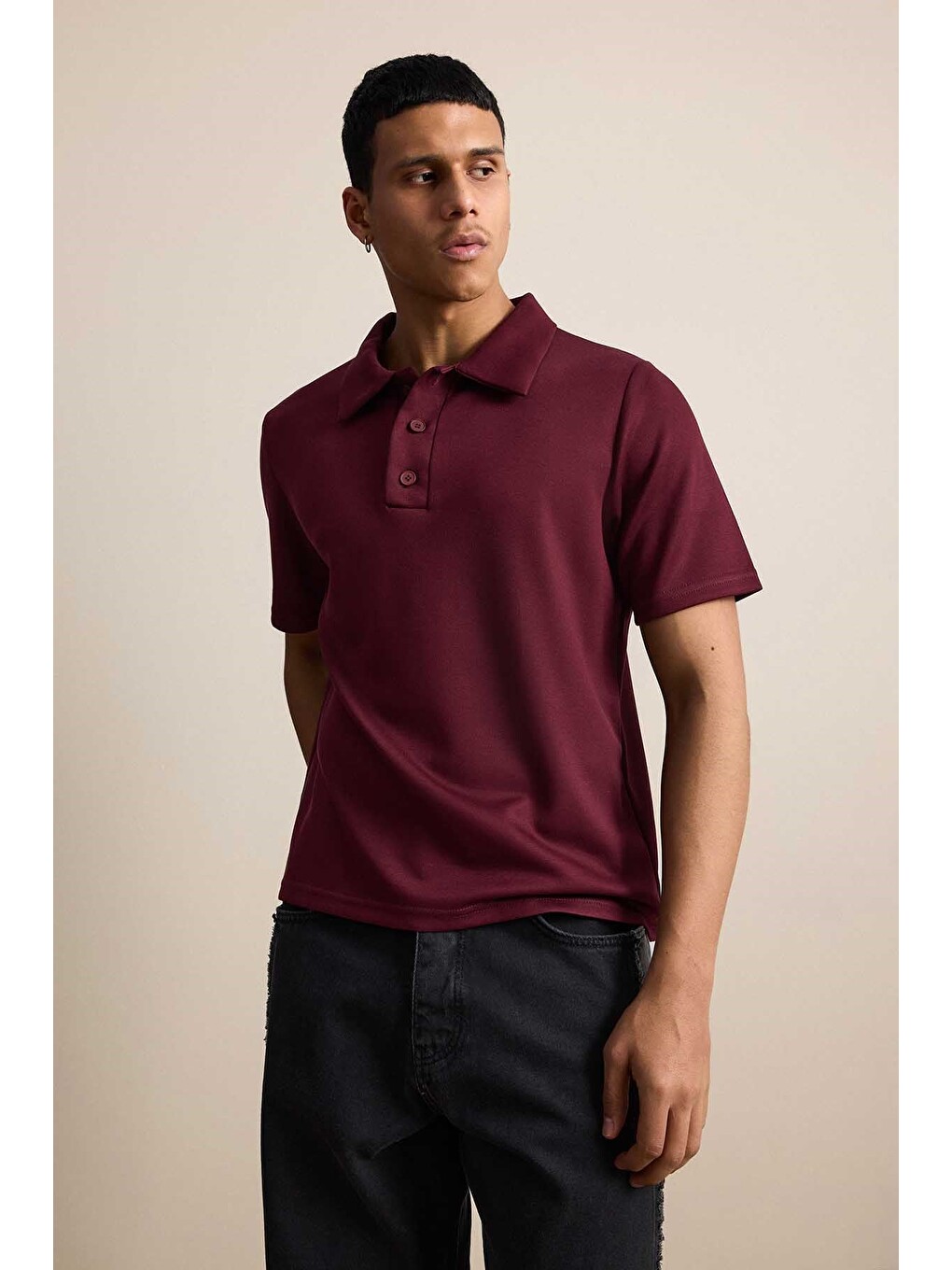 Erkek Relaxed Fit Basic Polo Yaka Tişört Bordo-5