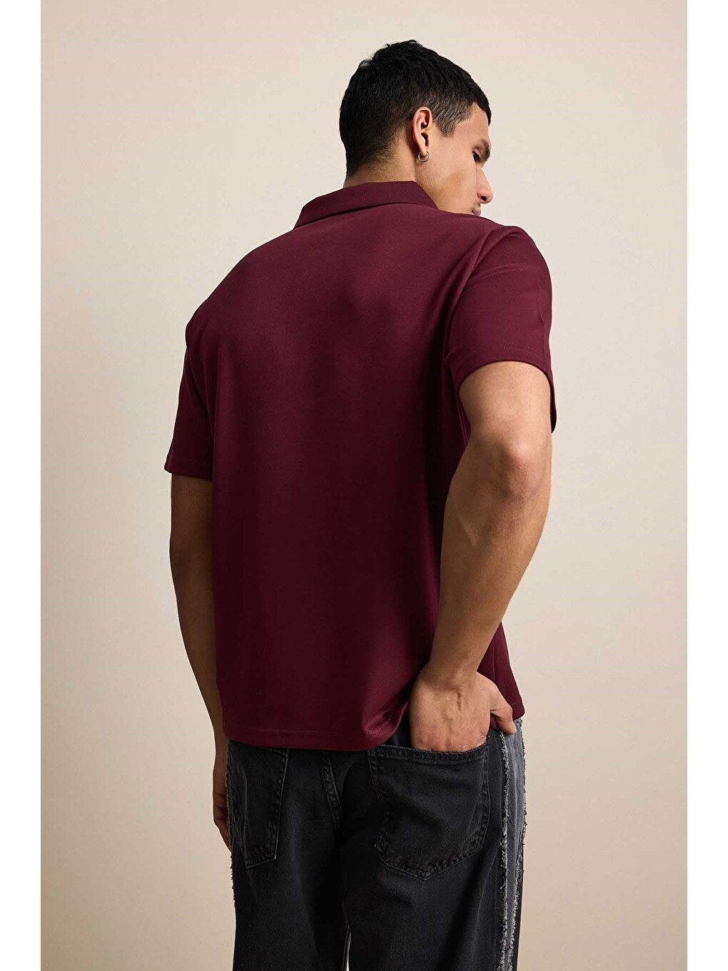 Erkek Relaxed Fit Basic Polo Yaka Tişört Bordo-6
