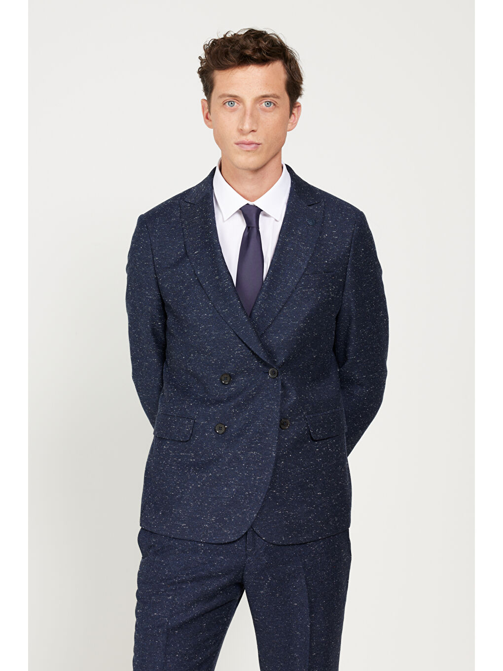 Erkek Lacivert Slim Fit Dar Kesim Kırlangıç Yaka Tweet Desenli Yünlü Takım Elbise-5