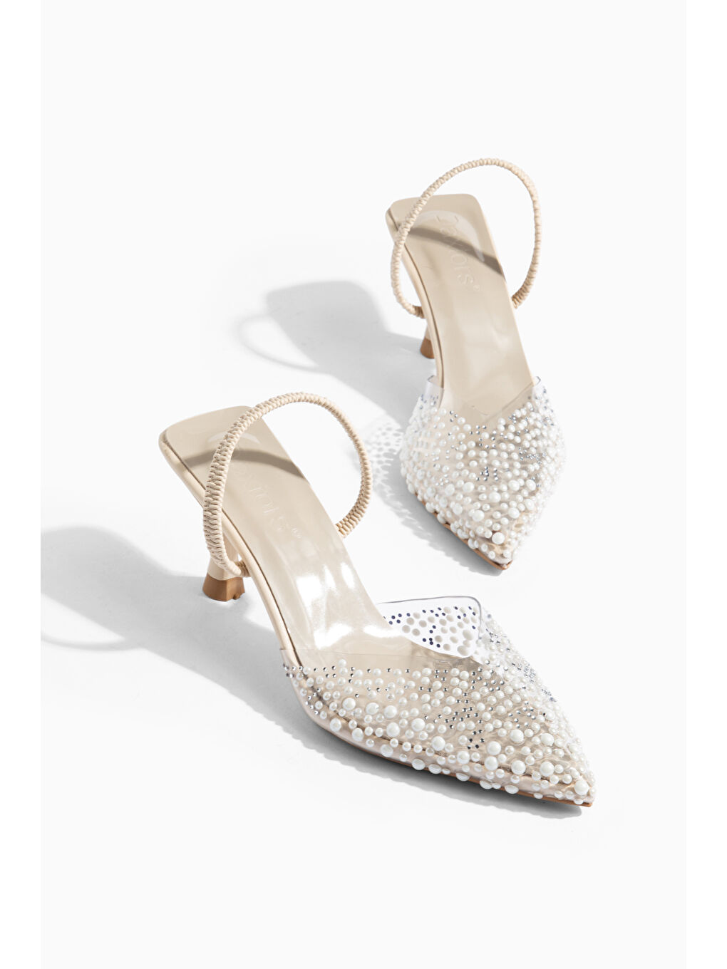 Bej İncili Kadın Stiletto Taşlı Sivri Burun Arkası Açık Abiye Topuklu Ayakkabı-7