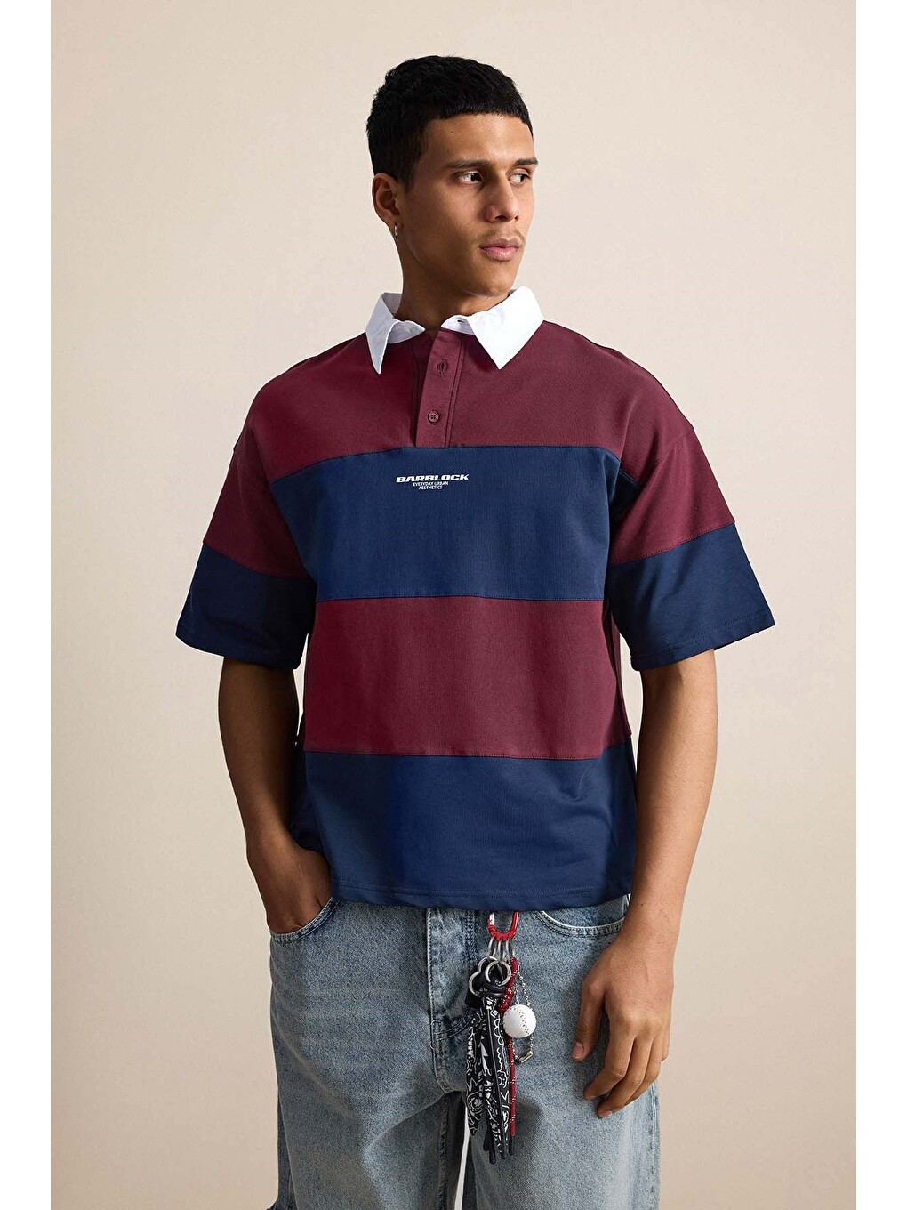 Erkek Oversize Renk Bloklu Polo Yaka Tişört Bordo-2
