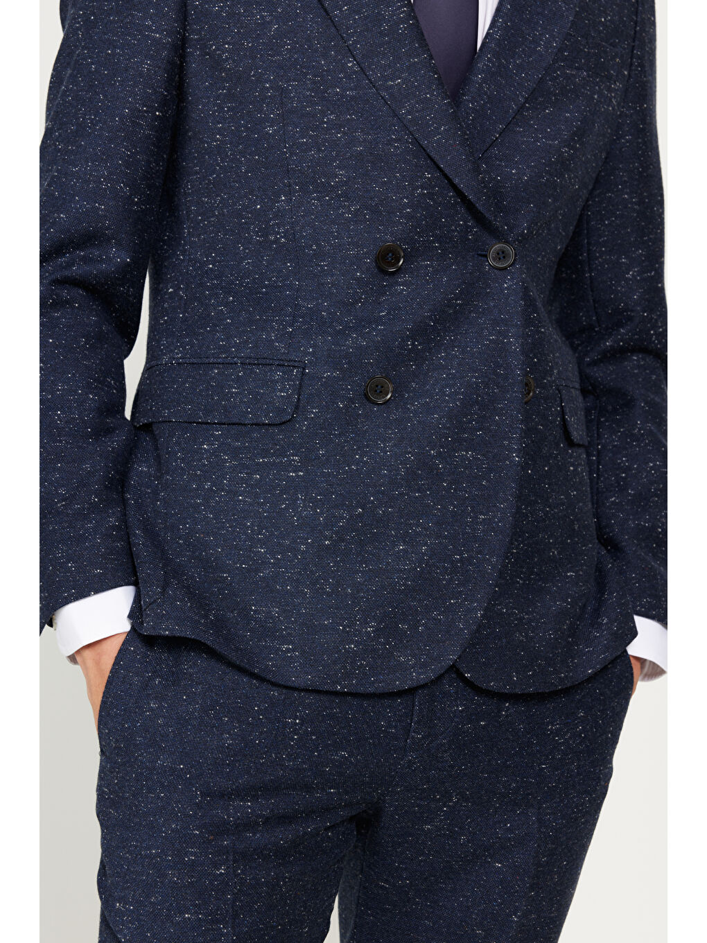 Erkek Lacivert Slim Fit Dar Kesim Kırlangıç Yaka Tweet Desenli Yünlü Takım Elbise-7