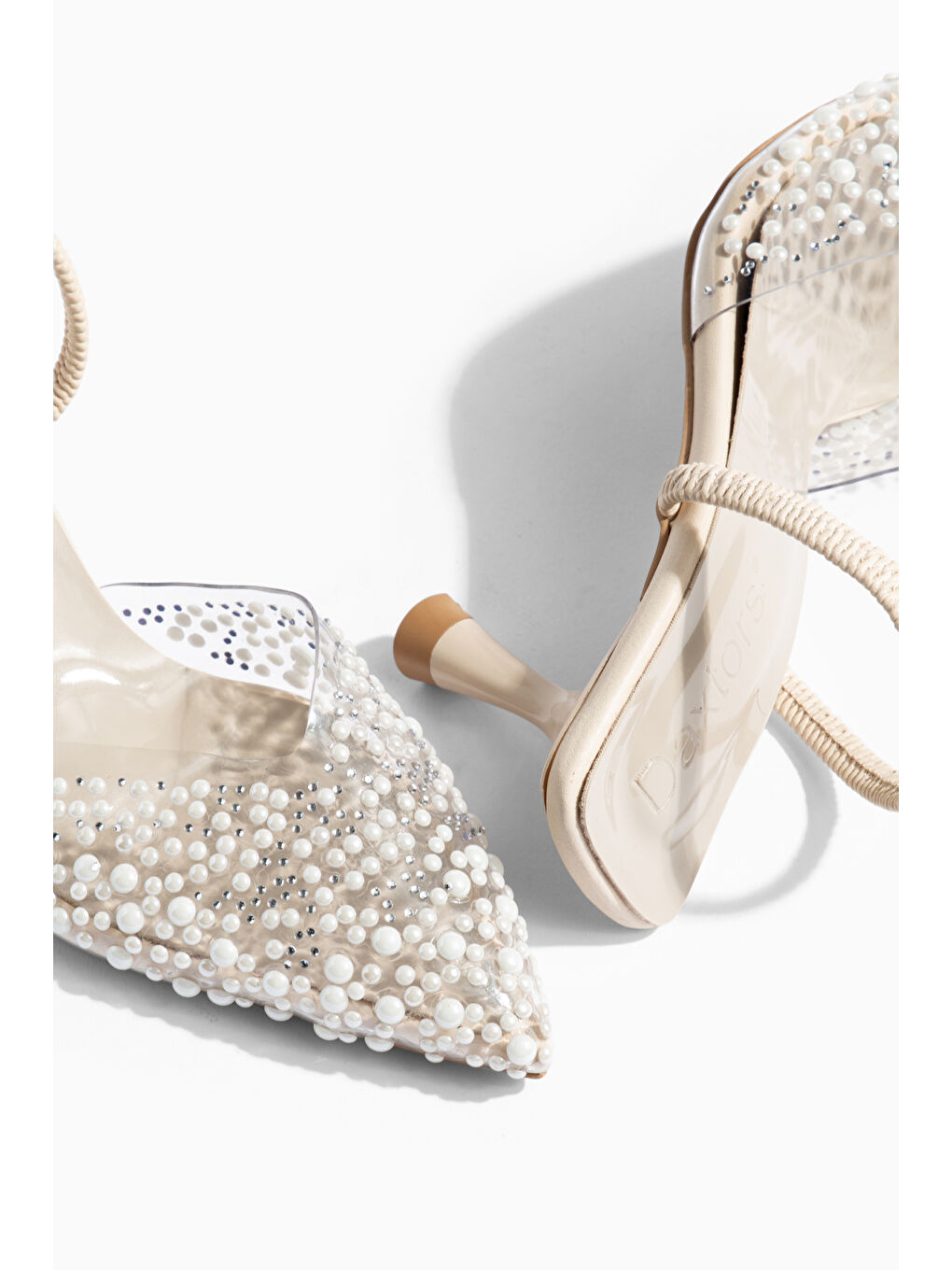 Bej İncili Kadın Stiletto Taşlı Sivri Burun Arkası Açık Abiye Topuklu Ayakkabı-9