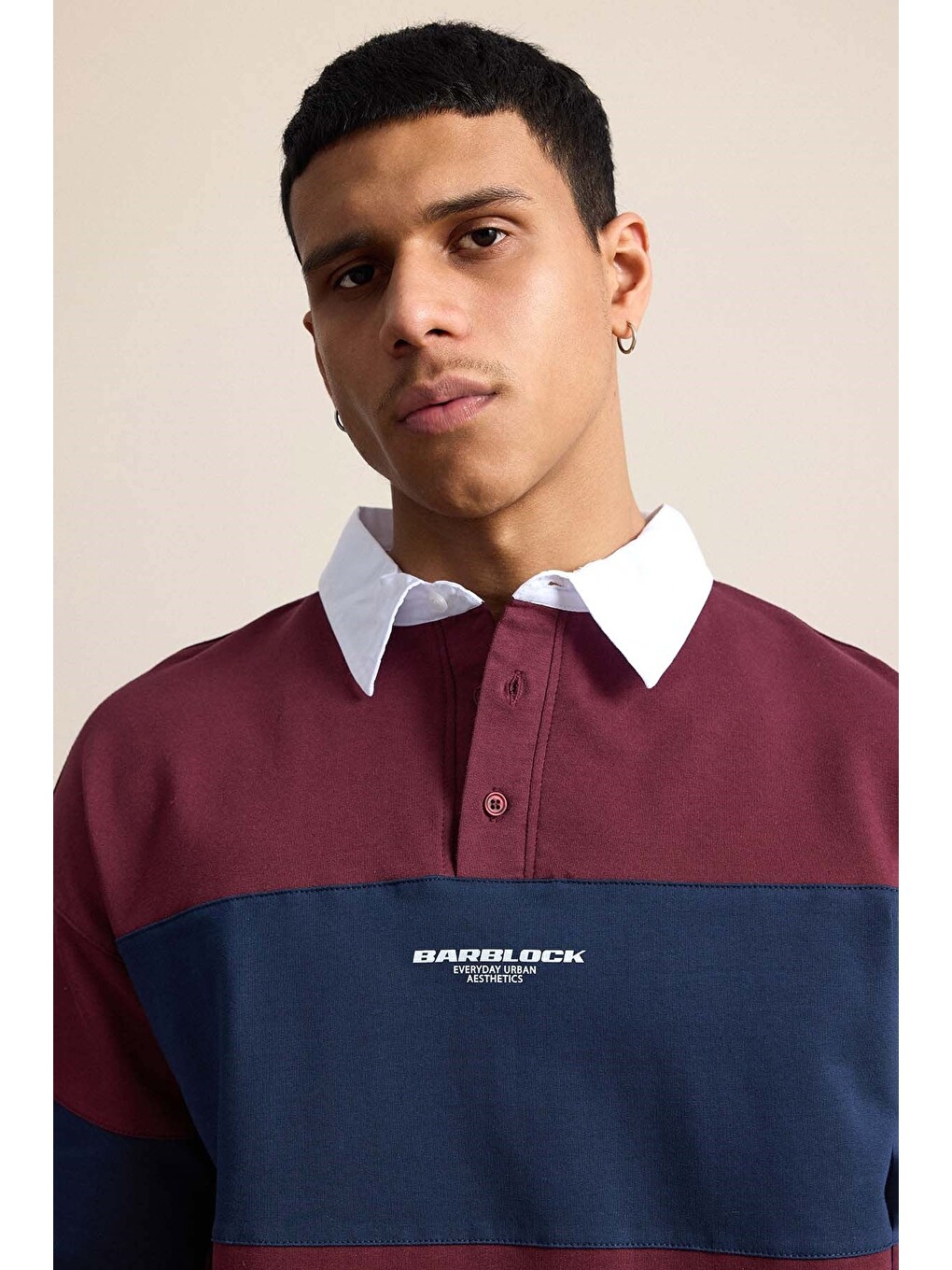 Erkek Oversize Renk Bloklu Polo Yaka Tişört Bordo-3
