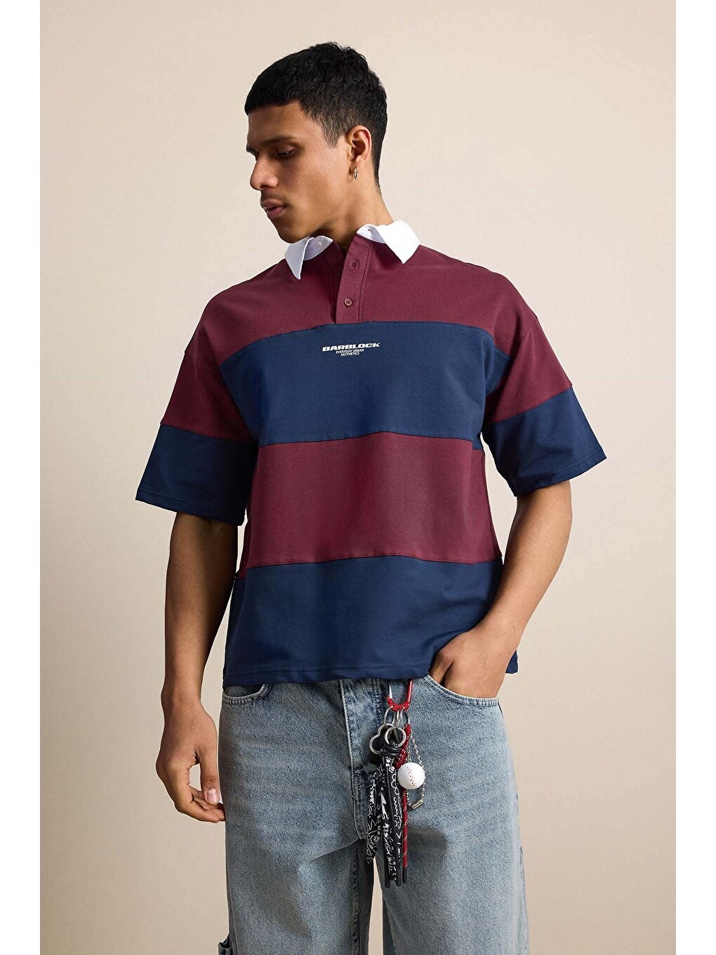 Erkek Oversize Renk Bloklu Polo Yaka Tişört Bordo-4