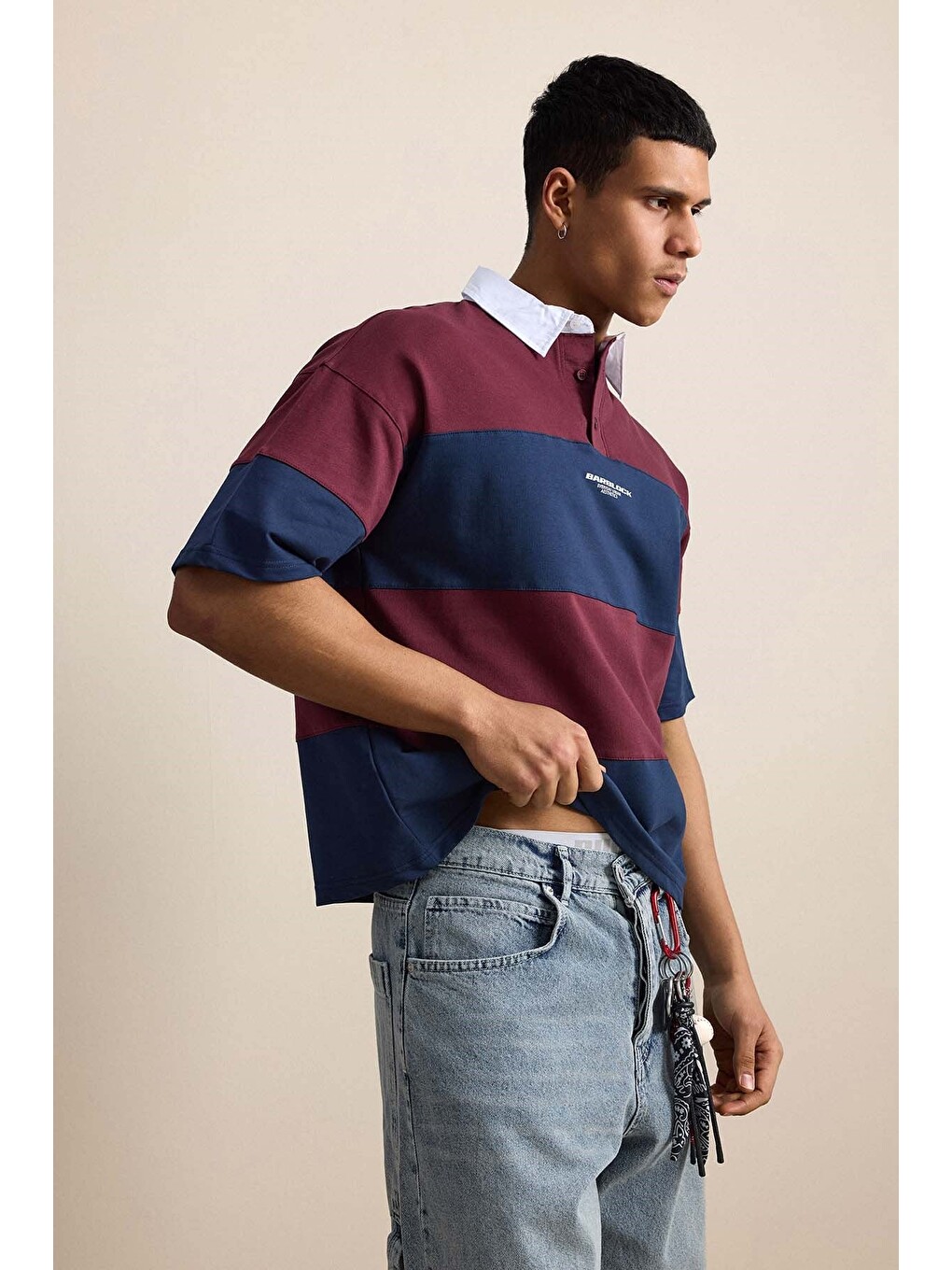 Erkek Oversize Renk Bloklu Polo Yaka Tişört Bordo-5