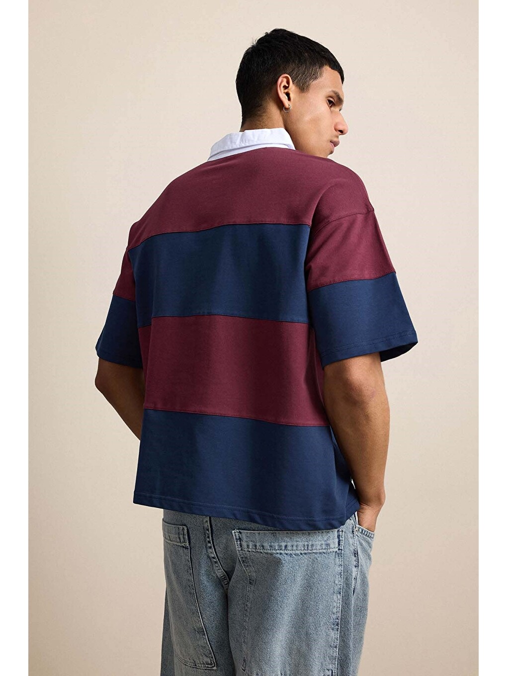 Erkek Oversize Renk Bloklu Polo Yaka Tişört Bordo-6