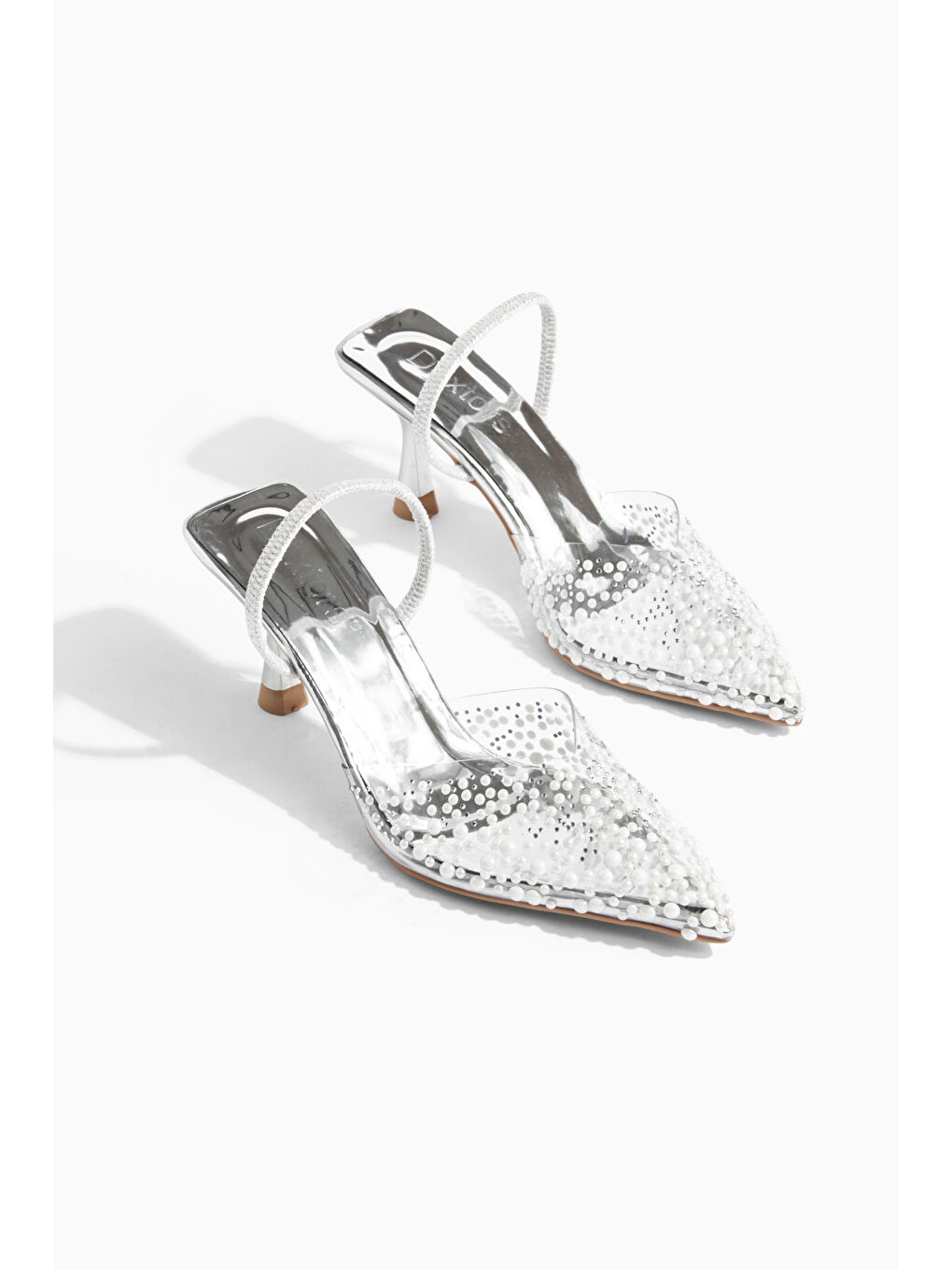 Gri İncili Kadın Stiletto Taşlı Sivri Burun Arkası Açık Abiye Topuklu Ayakkabı-5