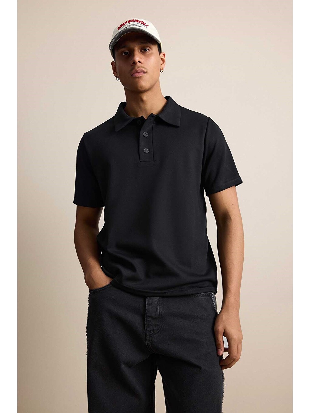 Erkek Relaxed Fit Basic Polo Yaka Tişört Siyah-2