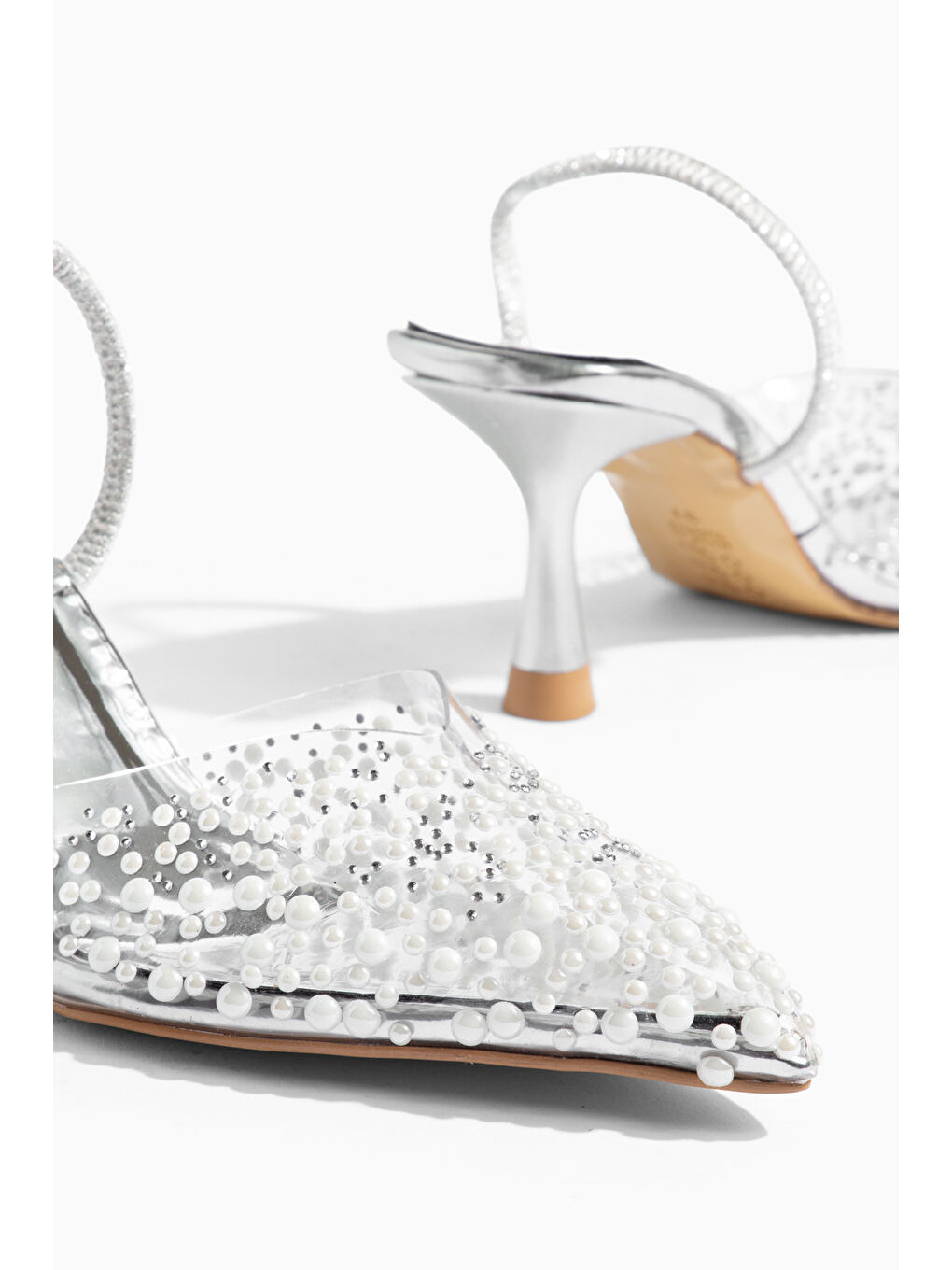 Gri İncili Kadın Stiletto Taşlı Sivri Burun Arkası Açık Abiye Topuklu Ayakkabı-9