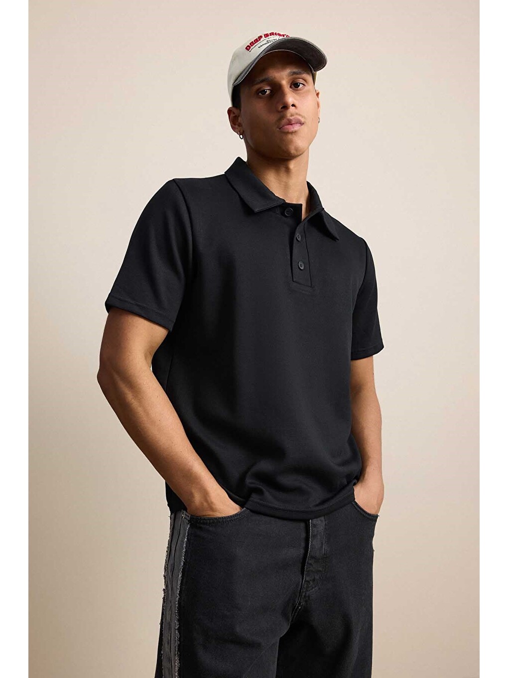 Erkek Relaxed Fit Basic Polo Yaka Tişört Siyah-5