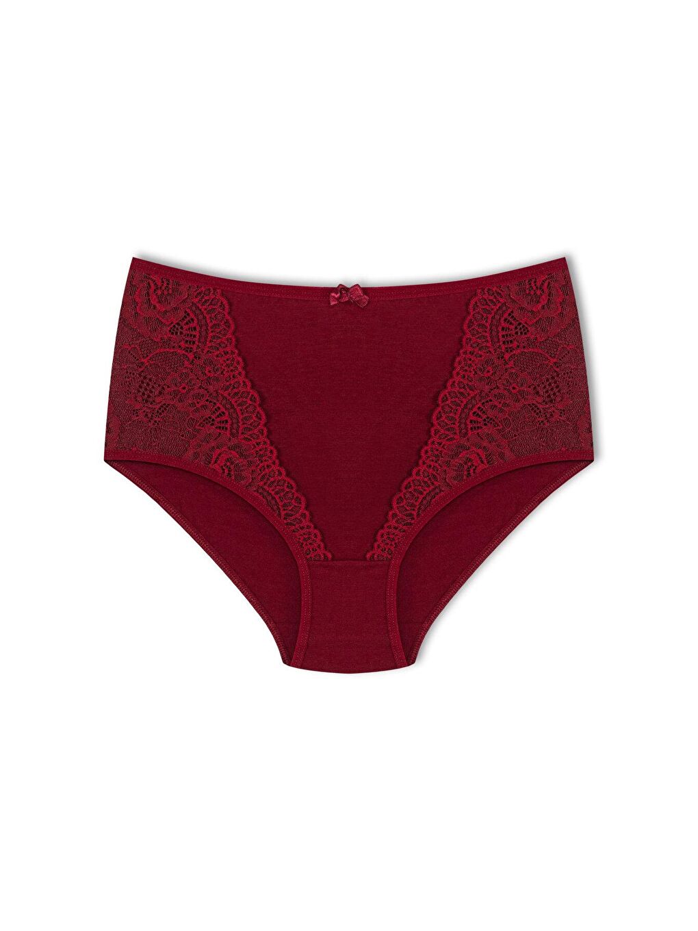 Bordo Pamuklu Önü Dantel Detay Yüksek Bel Büyük Beden Kadın Külot