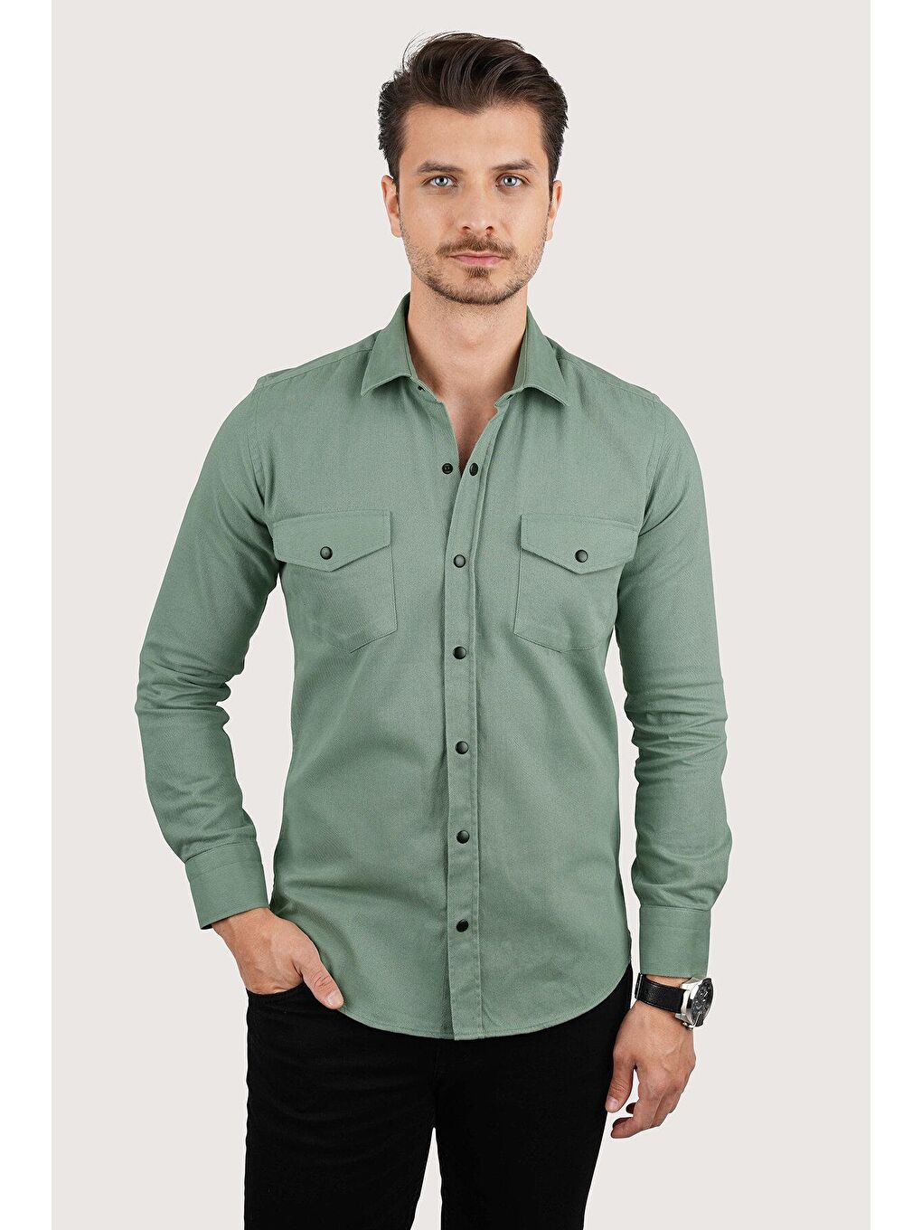 Turkuaz Su Yeşili Slimfit Gerçek Jean Erkek Gömlek-4