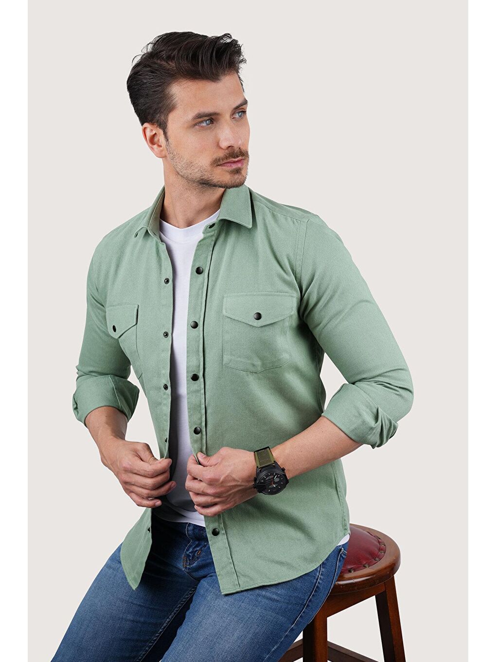 Turkuaz Su Yeşili Slimfit Gerçek Jean Erkek Gömlek-1