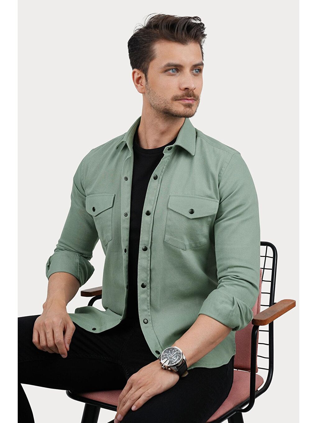 Turkuaz Su Yeşili Slimfit Gerçek Jean Erkek Gömlek-2