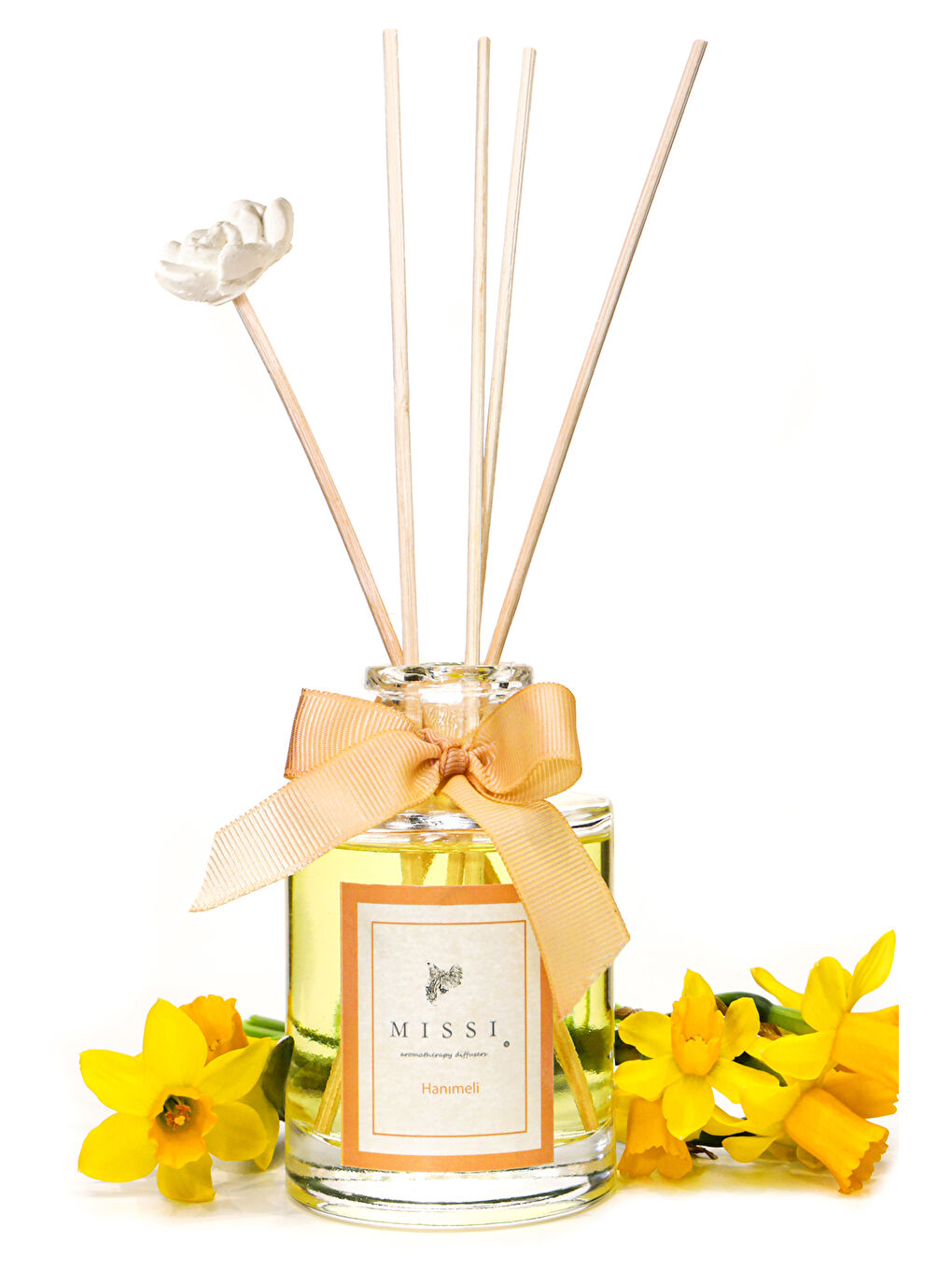 Ekru 110 ml Silindir Şişe Bambu Çubuklu Hanımeli Oda Kokusu