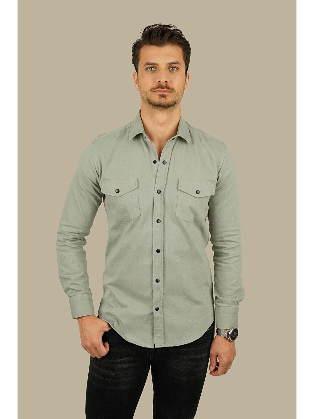 Bej Açık Taş Rengi Slimfit Gerçek Jean Erkek Gömlek-4