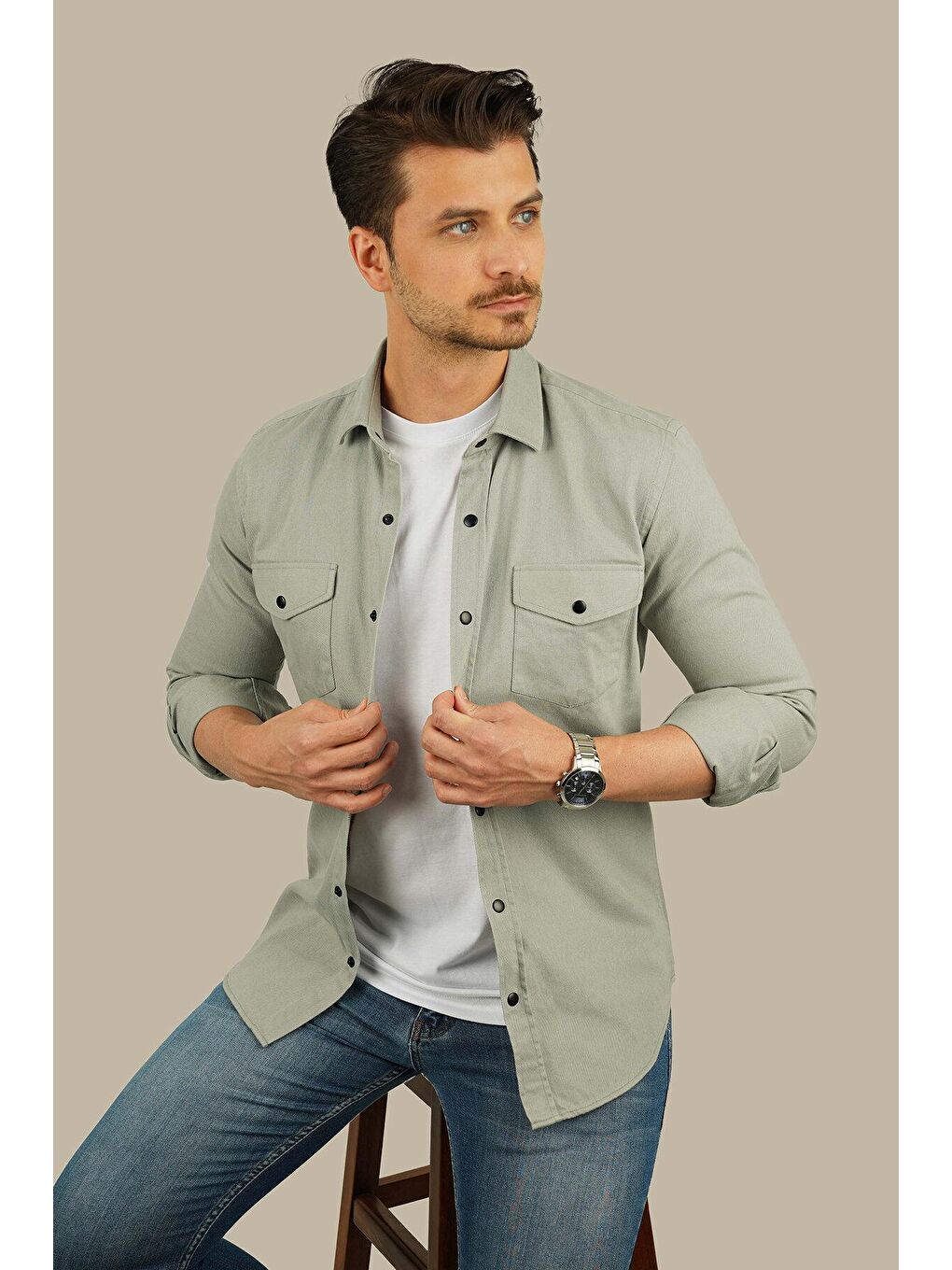 Bej Açık Taş Rengi Slimfit Gerçek Jean Erkek Gömlek-1