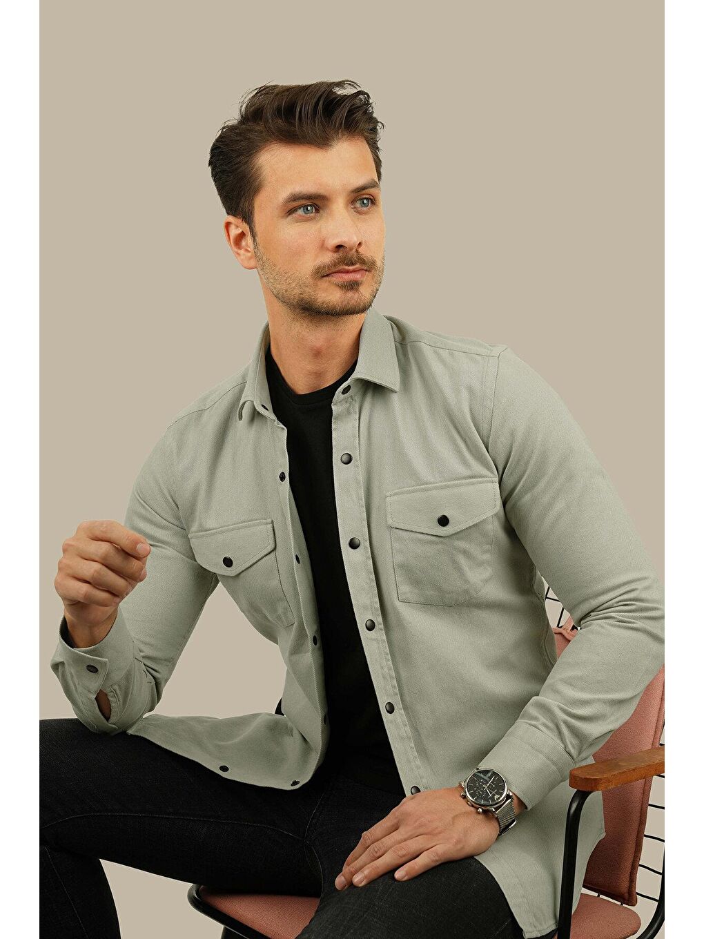 Bej Açık Taş Rengi Slimfit Gerçek Jean Erkek Gömlek-2