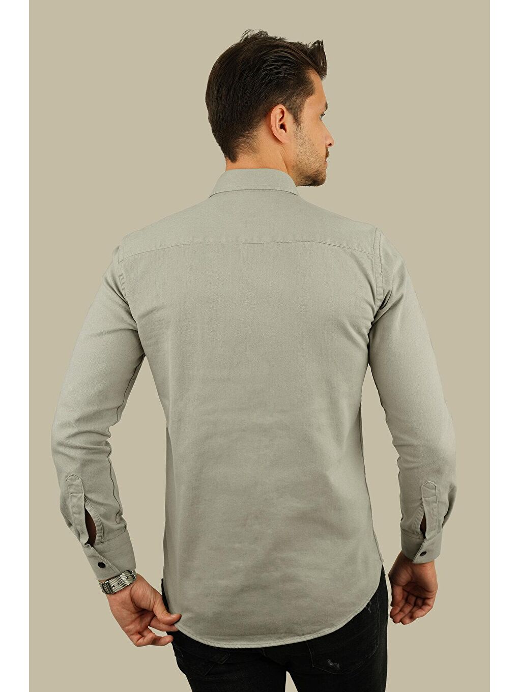 Bej Açık Taş Rengi Slimfit Gerçek Jean Erkek Gömlek-6