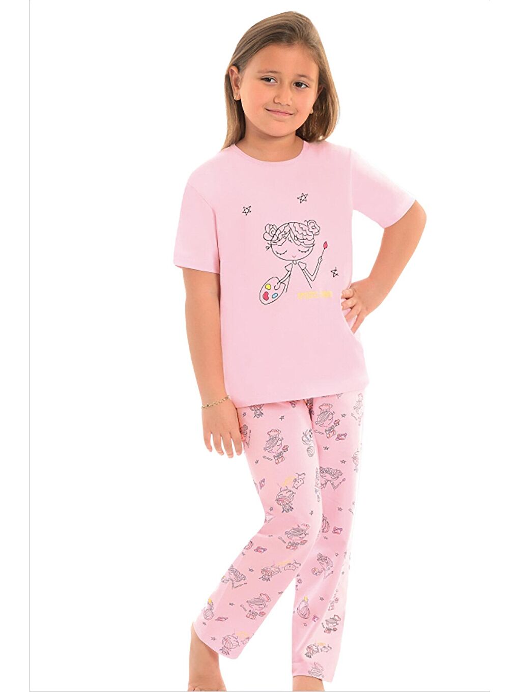 LITTLE FROG KIDS Pembe Pamuklu Kısa Kollu Desenli Düz Paça Kız Çocuk Pijama Takım