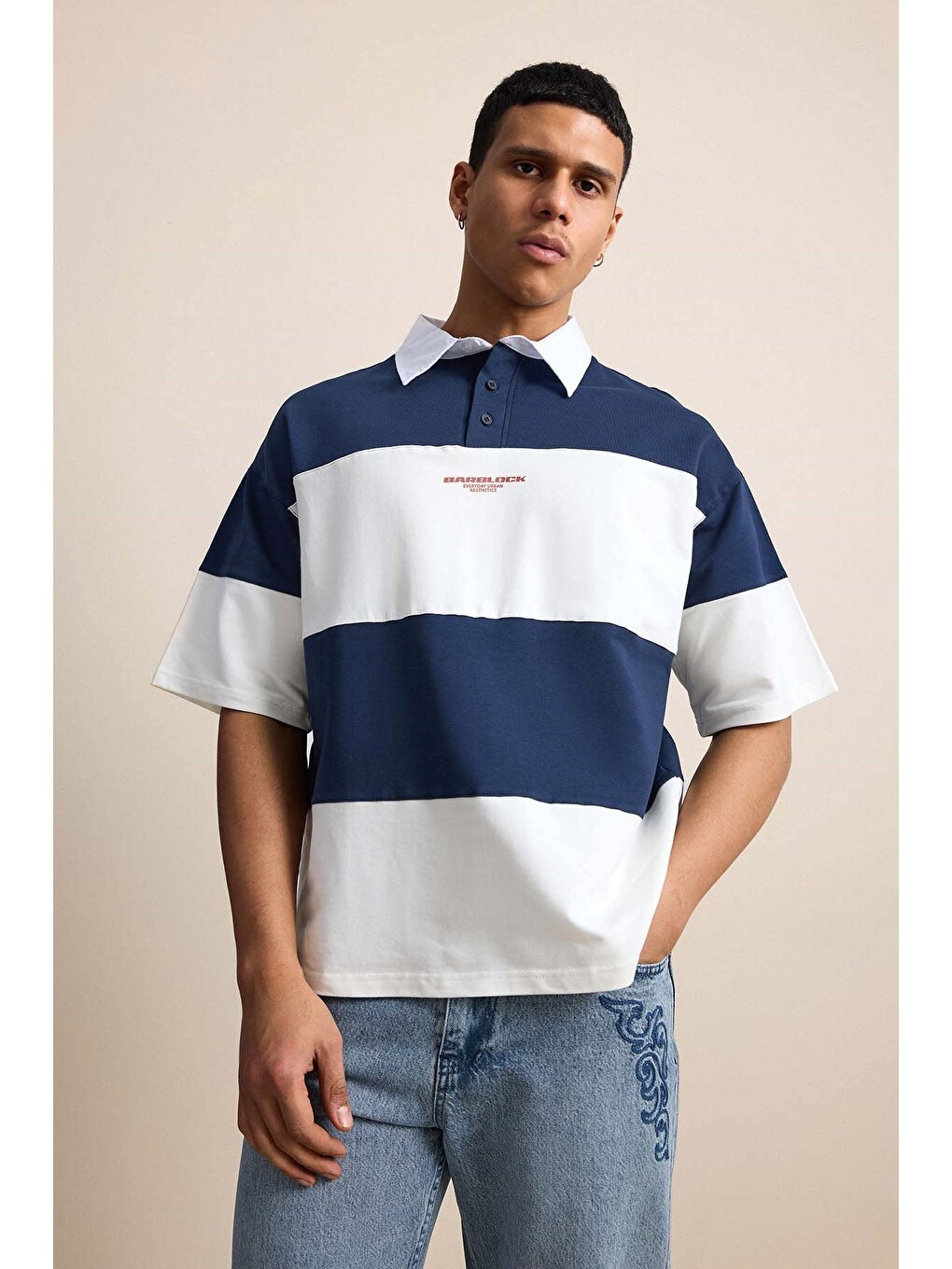 Erkek Oversize Renk Bloklu Polo Yaka Tişört Lacivert-2