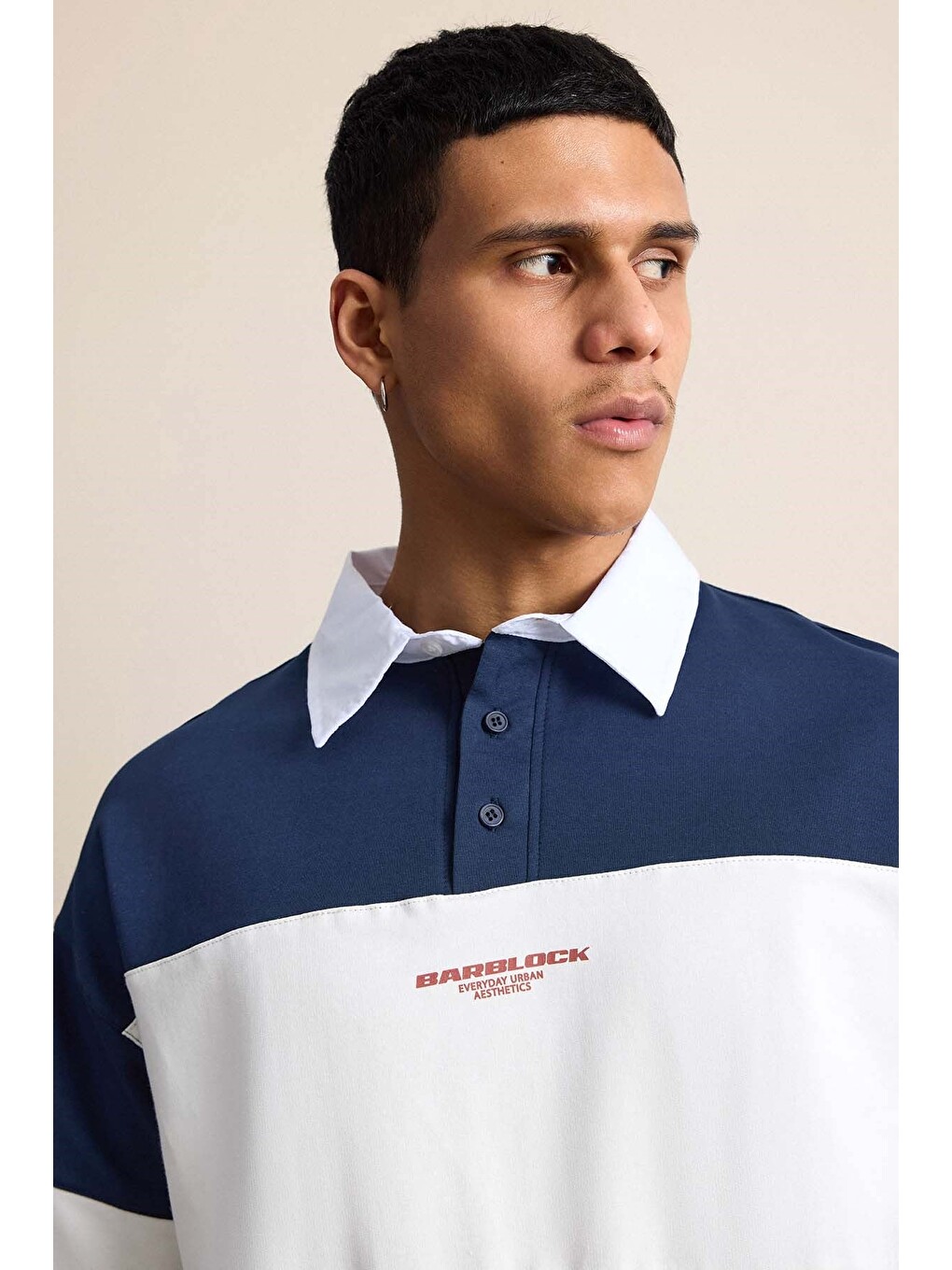 Erkek Oversize Renk Bloklu Polo Yaka Tişört Lacivert-3
