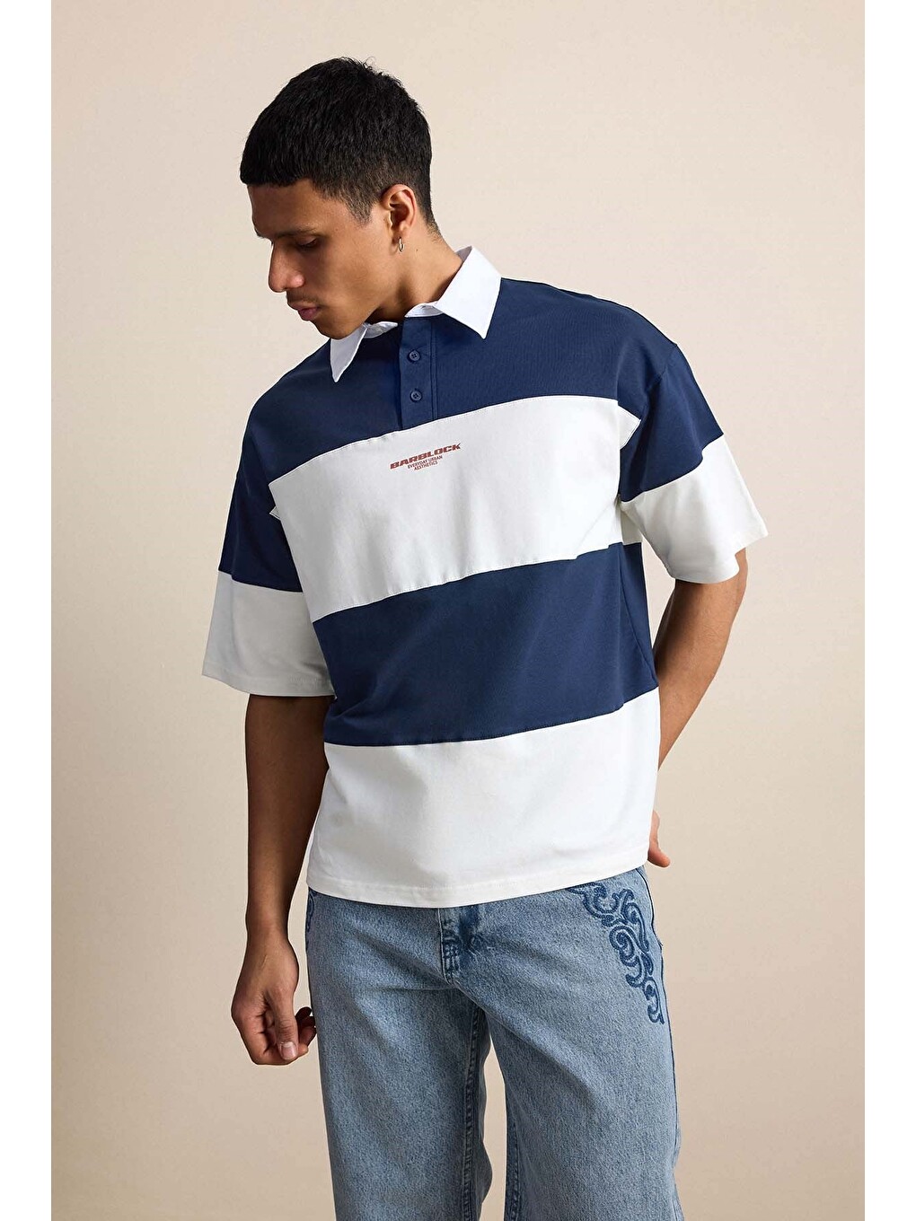 Erkek Oversize Renk Bloklu Polo Yaka Tişört Lacivert-4
