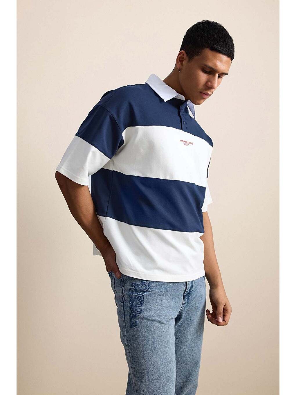 Erkek Oversize Renk Bloklu Polo Yaka Tişört Lacivert-5