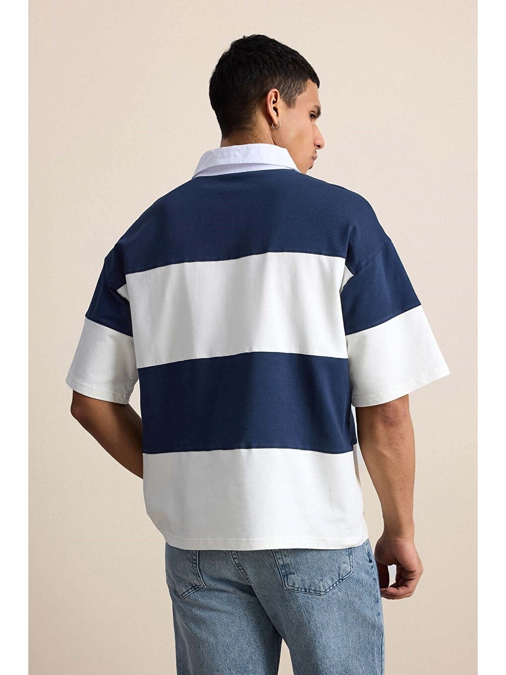 Erkek Oversize Renk Bloklu Polo Yaka Tişört Lacivert-6