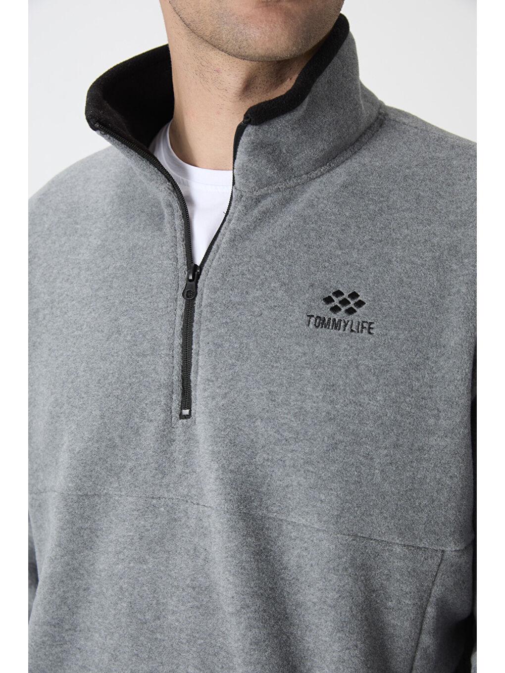 Gri Melanj Yarım Fermuarlı Sweatshirt Slim Fit Dik Yaka Erkek Polar - 87891-3