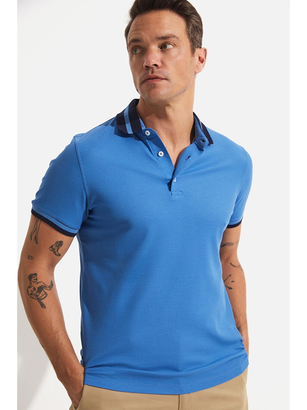 Mavi Polo Yaka Kısa Kollu Erkek Tişört-1