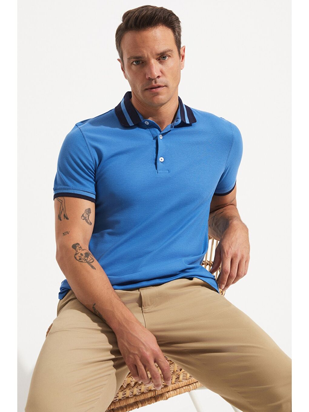 Mavi Polo Yaka Kısa Kollu Erkek Tişört-3