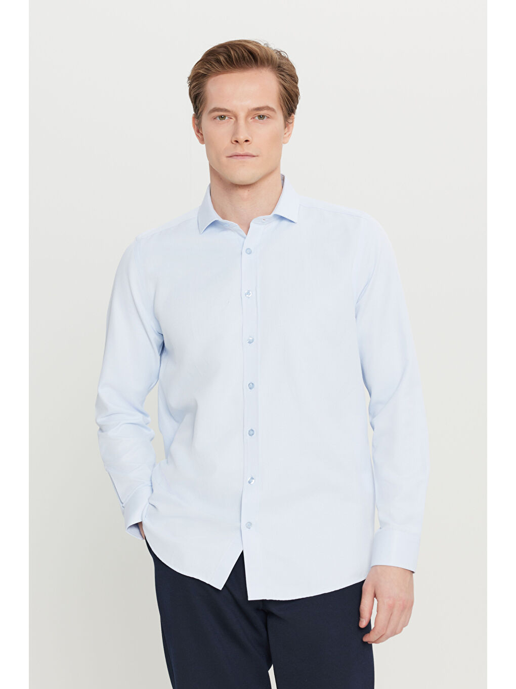Erkek Mavi Kolay Ütülenebilir Slim Fit Dar Kesim İtalyan Yaka Armürlü Basic Gömlek-2