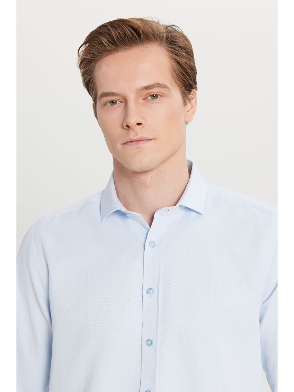 Erkek Mavi Kolay Ütülenebilir Slim Fit Dar Kesim İtalyan Yaka Armürlü Basic Gömlek-3