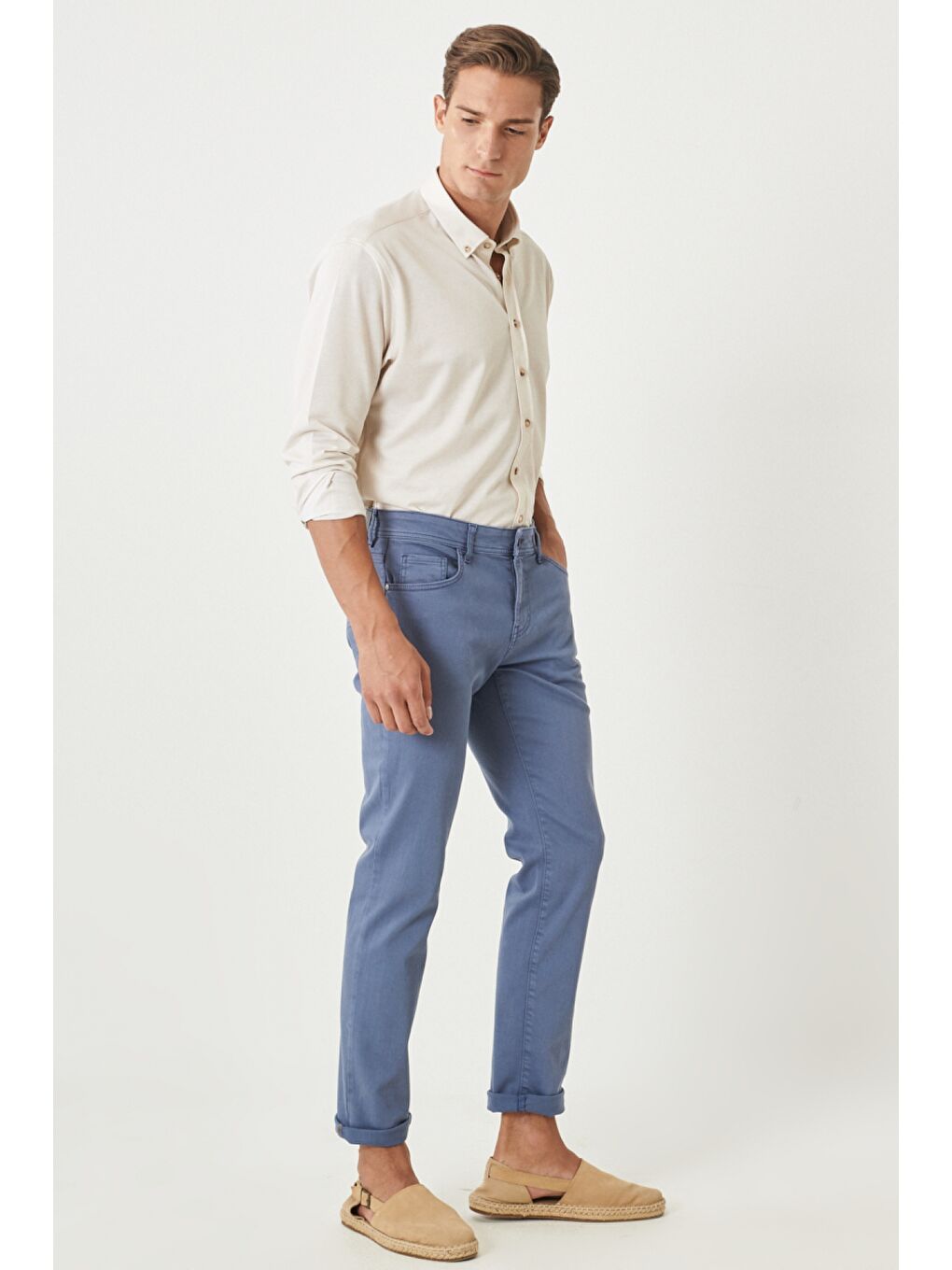 Erkek İndigo 360 Derece Her Yöne Esneyen Slim Fit Dar Kesim Pamuklu Rahat Pantolon-4
